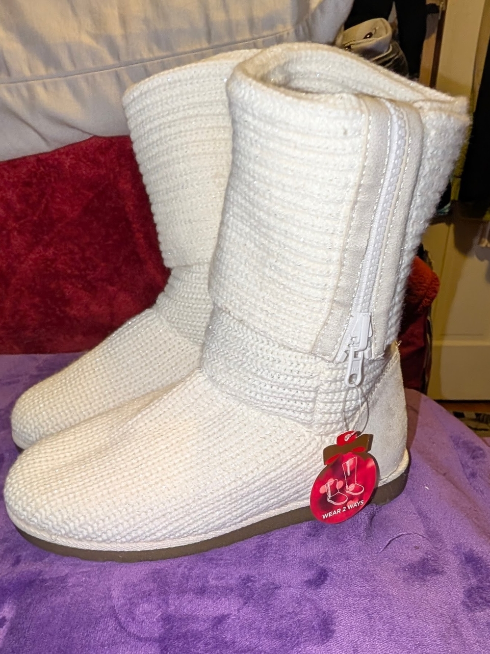 NWT SO Brand Cream Sweater Boots Size 9 Sparkle Knit Faux Fur Past Season HTF